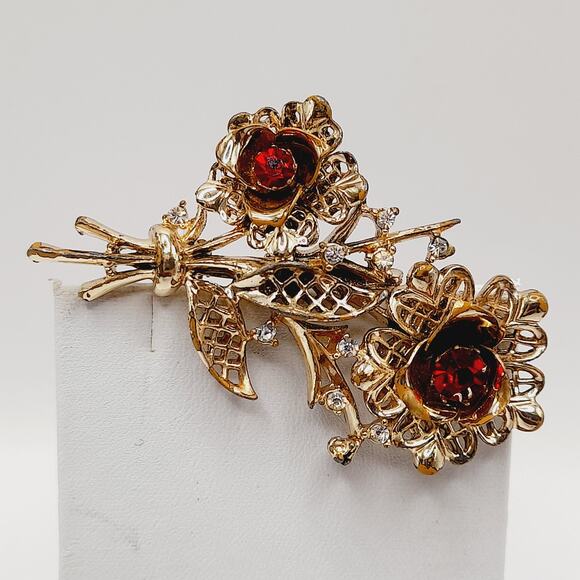 Vintage Floral Bouquet Brooch, Red Clear Rhinestones, Gold Tone, 2 3/4 Inches - Picture 6 of 7
